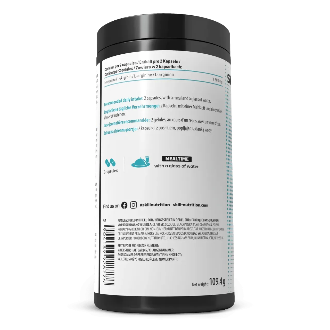 Skill Nutrition L-Arginine 1600 mg, 120 Vegan Capsules - Image 2